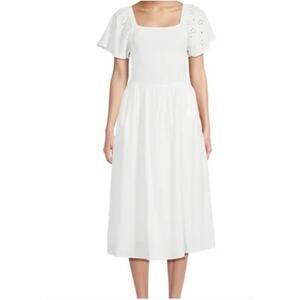 Beachlunchlounge White Smocked Eyelet Sleeve Midi Dress Large